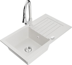 MEXEN/S - Pablo granitový drez 1 s odkvapkávačom vrátane batérie Elia, biela (6510-20-670101-00)