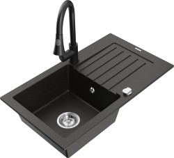 MEXEN/S - Pablo granitový drez 1 s odkvapkávačom vrátane batérie Elia, čierna/zlatá metalik (6510-75-670101-70)