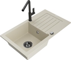 MEXEN/S - Pablo granitový drez 1 s odkvapkávačom vrátane batérie Flora, béžová (6510-69-670401-70-B)