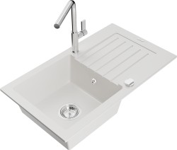 MEXEN/S - Pablo granitový drez 1 s odkvapkávačom vrátane batérie Flora, biela (6510-20-670401-00)