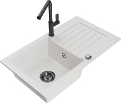 MEXEN/S - Pablo granitový drez 1 s odkvapkávačom vrátane batérie Flora, biela (6510-20-670401-70-B)