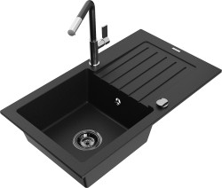 MEXEN/S - Pablo granitový drez 1 s odkvapkávačom vrátane batérie Flora, čierna (6510-77-670401-07-B)