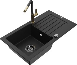 MEXEN/S - Pablo granitový drez 1 s odkvapkávačom vrátane batérie Flora, čierna (6510-77-670401-57-B)