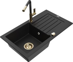 MEXEN/S - Pablo granitový drez 1 s odkvapkávačom vrátane batérie Flora, čierna (6510-77-670401-57-G)
