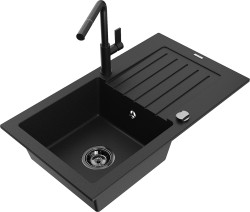 MEXEN/S - Pablo granitový drez 1 s odkvapkávačom vrátane batérie Flora, čierna (6510-77-670401-70-B)