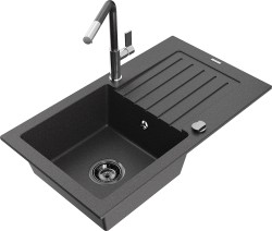 MEXEN/S - Pablo granitový drez 1 s odkvapkávačom vrátane batérie Flora, čierna kropenatá (6510-76-670401-08-B)