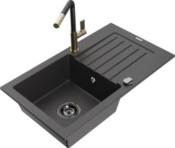 MEXEN/S - Pablo granitový drez 1 s odkvapkávačom vrátane batérie Flora, čierna kropenatá (6510-76-670401-57-B)