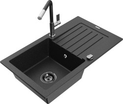 MEXEN/S - Pablo granitový drez 1 s odkvapkávačom vrátane batérie Flora, čierna/strieborná metalík (6510-73-670401-07-B)