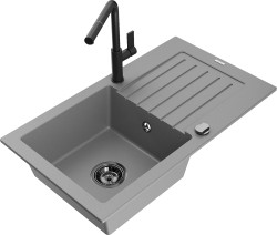 MEXEN/S - Pablo granitový drez 1 s odkvapkávačom vrátane batérie Flora, šedá (6510-71-670401-70-B)