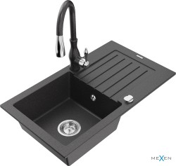 MEXEN/S - Pablo granitový drez 1 s odkvapkávačom vrátane batérie Savita, čierna kropenatá (6510-76-672601-76)