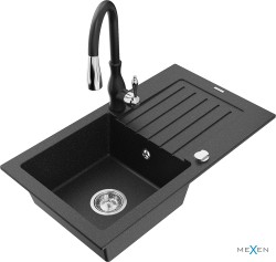 MEXEN/S - Pablo granitový drez 1 s odkvapkávačom vrátane batérie Savita, čierna/strieborná metalík (6510-73-672601-70)