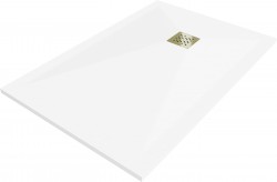 MEXEN/S - Stone+ štvorcová sprchová vanička 120 x 100, biela, mriežka zlatá (44101012-G)