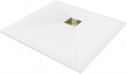 MEXEN/S - Stone+ štvorcová sprchová vanička 70 x 70, biela, mriežka zlatá (44107070-G)