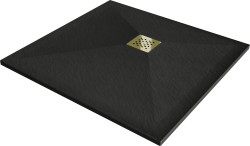 MEXEN/S - Stone+ štvorcová sprchová vanička 70 x 70, čierna, mriežka zlatá (44707070-G)