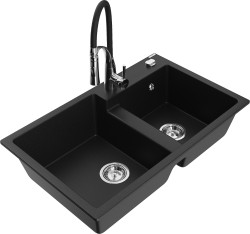 MEXEN/S - Tomas granitový drez 2-bowl vrátane batérie Aster, čierna (6516-77-73450-07)