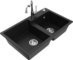 MEXEN/S - Tomas granitový drez 2-bowl vrátane batérie Carla, čierna (6516-77-670700-00)
