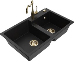 MEXEN/S - Tomas granitový drez 2-bowl vrátane batérie Carla, čierna (6516-77-670700-50)