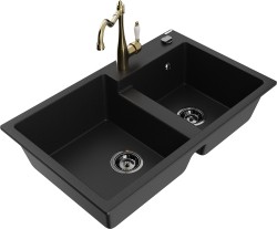 MEXEN/S - Tomas granitový drez 2-bowl vrátane batérie Carla, čierna (6516-77-670700-50-B)