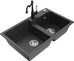 MEXEN/S - Tomas granitový drez 2-bowl vrátane batérie Carla, čierna kropenatá (6516-76-670700-70)