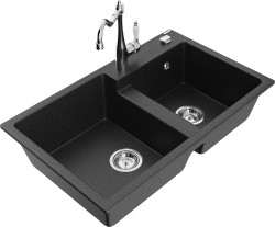 MEXEN/S - Tomas granitový drez 2-bowl vrátane batérie Carla, čierna/strieborná metalík (6516-73-670700-00)