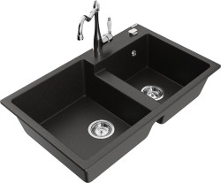 MEXEN/S - Tomas granitový drez 2-bowl vrátane batérie Carla, čierna/zlatá metalik (6516-75-670700-00)