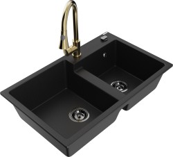 MEXEN/S - Tomas granitový drez 2-bowl vrátane batérie Elia, čierna (6516-77-670101-50-B)