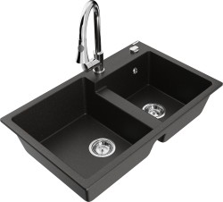 MEXEN/S - Tomas granitový drez 2-bowl vrátane batérie Elia, čierna/zlatá metalik (6516-75-670101-00)