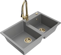 MEXEN/S - Tomas granitový drez 2-bowl vrátane batérie Elia, šedá (6516-71-670101-50)