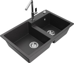 MEXEN/S - Tomas granitový drez 2-bowl vrátane batérie Flora, čierna kropenatá (6516-76-670401-00)