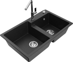 MEXEN/S - Tomas granitový drez 2-bowl vrátane batérie Flora, čierna/srebrny metalik (6516-73-670401-00)