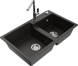 MEXEN/S - Tomas granitový drez 2-bowl vrátane batérie Flora, čierna/zlatá metalik (6516-75-670401-00)