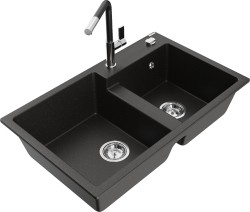 MEXEN/S - Tomas granitový drez 2-bowl vrátane batérie Flora, čierna/zlatá metalik (6516-75-670401-07)
