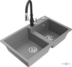MEXEN/S - Tomas granitový drez 2-bowl vrátane batérie Savita, šedá (6516-71-672601-70)