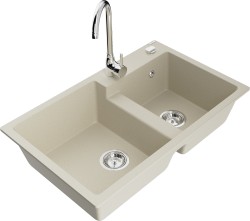 MEXEN/S - Tomas granitový drez 2-bowl vrátane batérie Telma, béžová (6516-69-670200-00)