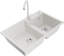MEXEN/S - Tomas granitový drez 2-bowl vrátane batérie Telma, biela (6516-20-670200-20)