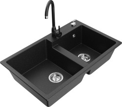 MEXEN/S - Tomas granitový drez 2-bowl vrátane batérie Telma, čierna/strieborná metalík (6516-73-670200-70)
