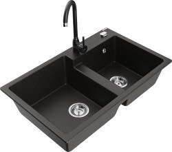 MEXEN/S - Tomas granitový drez 2-bowl vrátane batérie Telma, čierna/zlatá metalik (6516-75-670200-70)