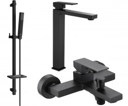 MEXEN/S - Uno DQ77 SET umývadlová batéria + vaňová s príslušenstvom, čierna (71413DQ77-70)