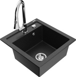 MEXEN/S - Vito granitový drez 1-miska vrátane batérie Elia, čierna/strieborná metalík (6503-73-670101-00)