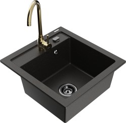 MEXEN/S - Vito granitový drez vrátane batérie Telma, čierna/zlatá metalik (6503-75-670200-50-B)