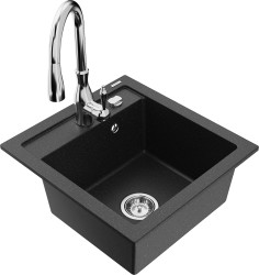 MEXEN/S - Vitogranitový drez 1-miska vrátane batérie Savita, čierna/srebrny metalik (6503-73-672601-00)