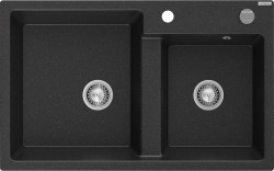 MEXEN - Tomas granitový drez 2-bowl 800x500 mm, čierna / metalík, sifón chróm (6516802000-73)