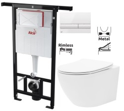 Předstěnový instalační systém s bílým tlačítkem M1710 + WC REA Carlo Flat Mini Rimless + SEDÁTKO (AM102/1120 M1710 CF1)