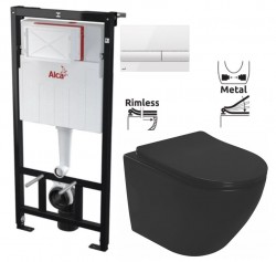 Předstěnový instalační systém s bílým tlačítkem M1710 + WC REA CARLO MINI RIMLESS ČIERNY MAT + SEDADLO (AM101/1120 M1710 MM1)