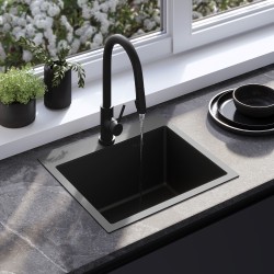 REA - Oceľový drez Leo 50 Black s kuchynskou batériou (KPL-96005)
