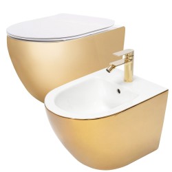 REA/S - Sada: WC Závesná misa CARLO Flat + Závesný Bidet CARLO MINI - Zlatá-biela (KPL-C2288)