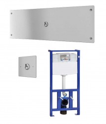 SANELA - Senzorové pisoáry WC splachovač Piezo s druhým tlačidlom na oddialené spláchnutie, bezbariérové, vrátane montážneho rámu s nádržkou SLR 21, 24 V DC (SLW 04PA)