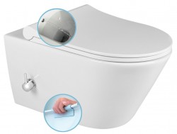 SAPHO - AVVA CLEANWASH závesná WC misa, Rimless, integrovaná batéria a bidetová sprška 35,5x53cm, biela (100315)