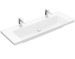 VILLEROY & BOCH - Subway 3.0 Dvojumývadlo, 130x48 cm, bez prepadu, otvory na batérie, CeramicPlus, Stone White (4A70D1RW)
